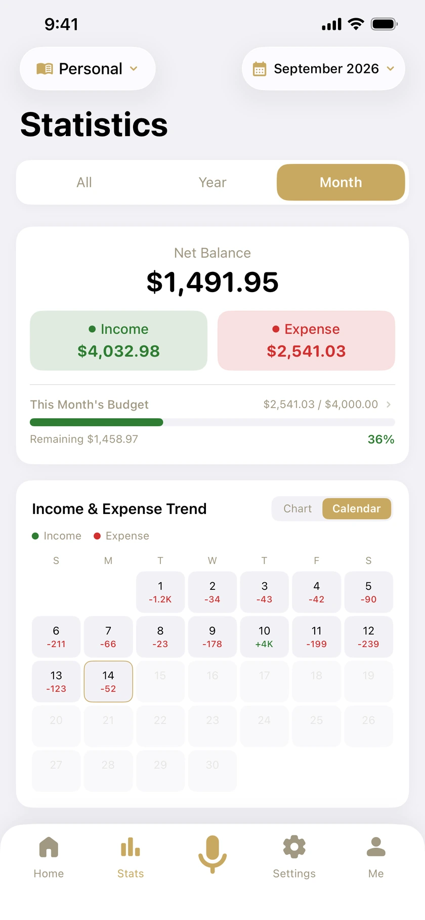 Monthly statistics: income and expense overview, budget progress and category breakdown